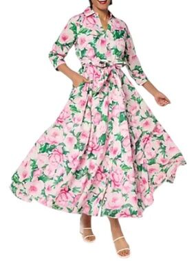 Carla Rockmore  pink peonies  floral cotton shirtdress tie waist XLP